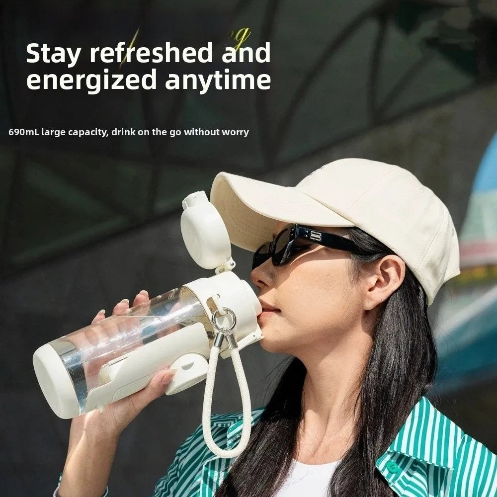 690 ML 2-in-1 Fan Cup Dual-Use 3-Speed Handheld Fan Hydration Spray Fan Cup Leak-proof USB Charging Cold Drink Water Cup Gym