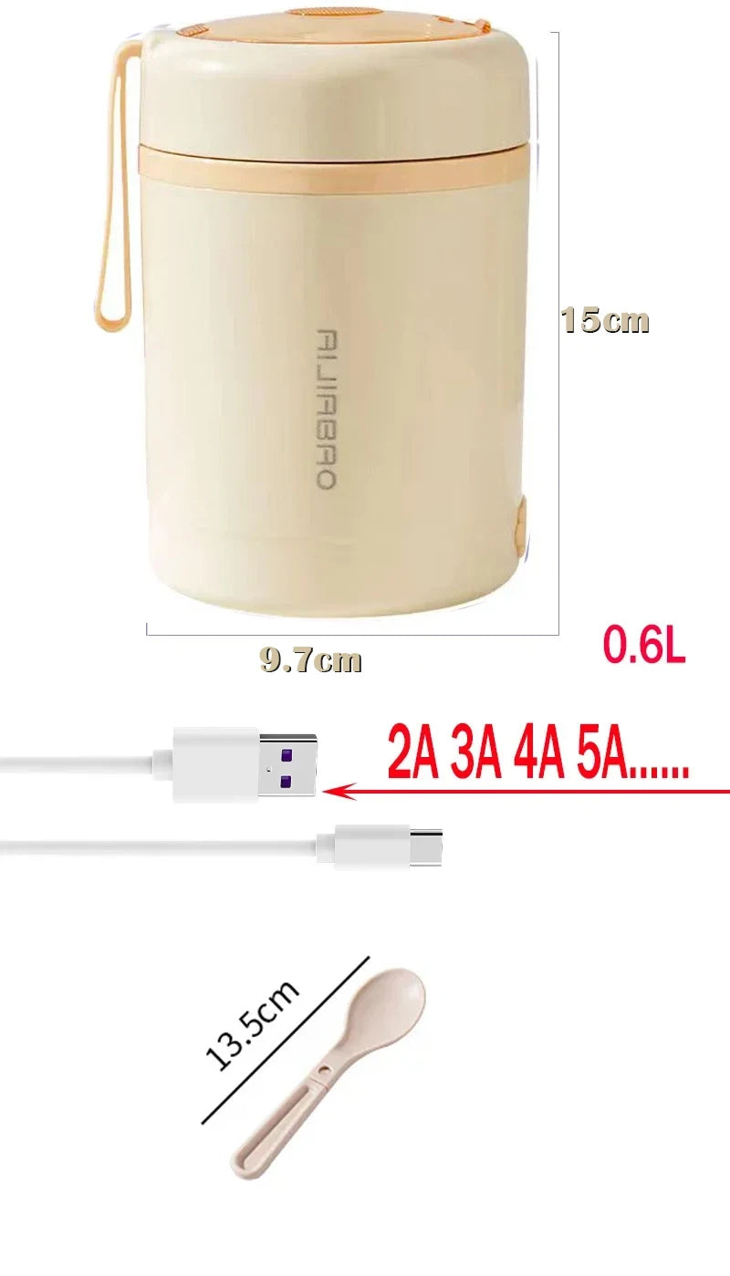 600ML Portable USB Electric Heating Lunch Box Stainless Steel Food Warmer with Drink Function for Picnics Food Heater