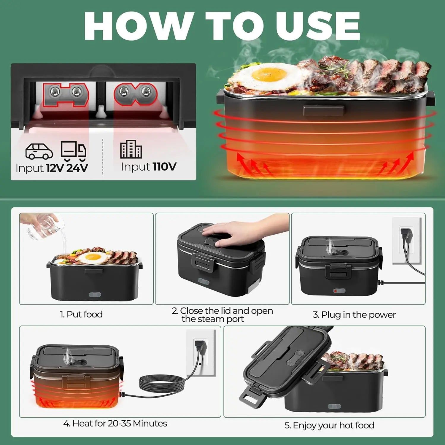 Electric Lunch Box for Adultss 100W 1.8L Portable Heated Lunch Box for men,12V/24V/110V home/Car/Office/Truck,1,8L Removable
