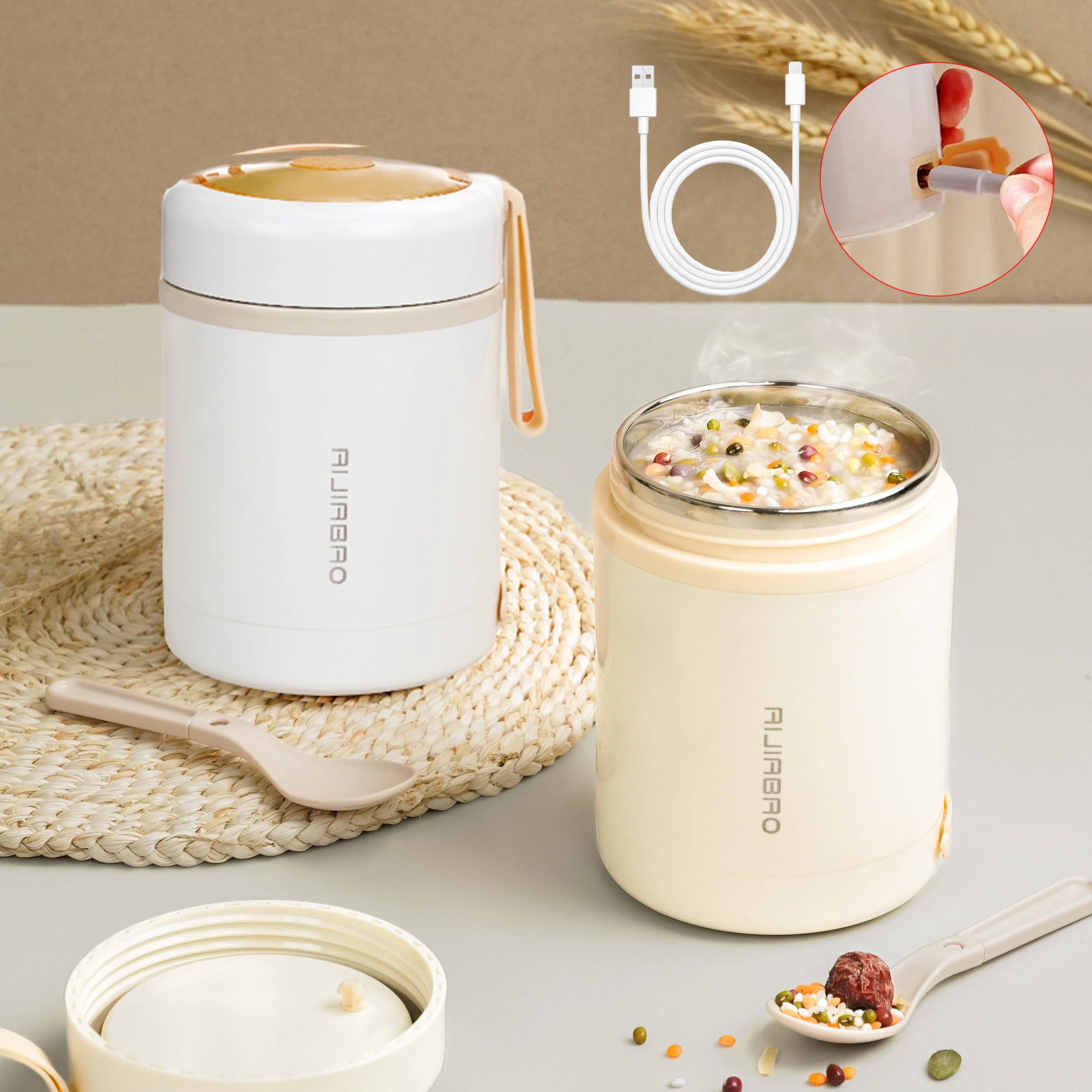 600ML Portable USB Electric Heating Lunch Box Stainless Steel Food Warmer with Drink Function for Picnics Food Heater