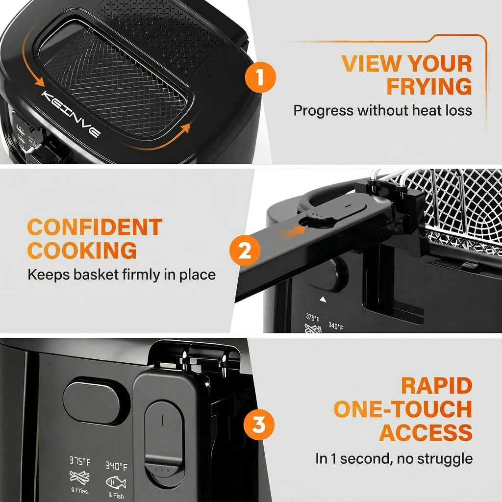1600W Electric Deep Fryer with Adjustable Temperature Control, 84.54oz Non-Stick Basket & Viewing Window, Removable Lid