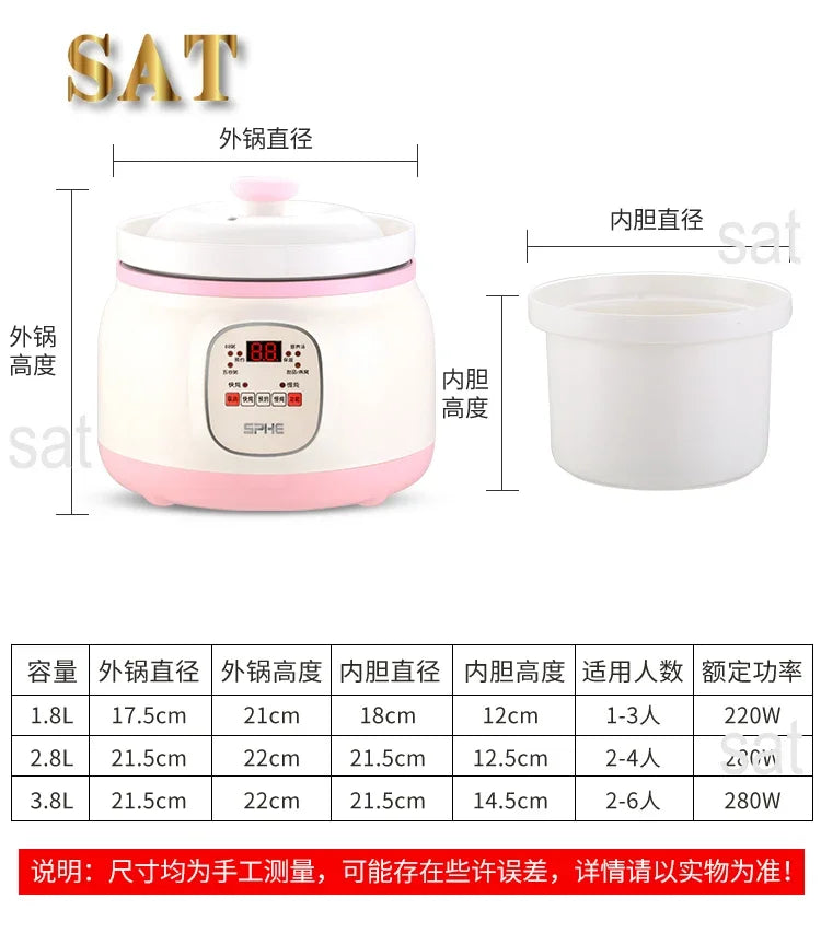 l Automatic Simmering Electric Cooker 1.8L 2.8L 3.8L Health Cooking Electric Pot Soup Porridge Electric Stew Pot Home Slow Cook