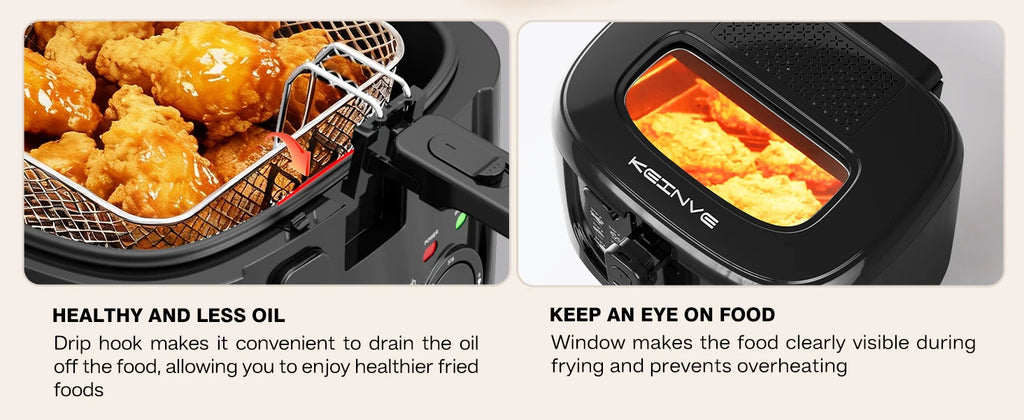 1600W Electric Deep Fryer with Adjustable Temperature Control, 84.54oz Non-Stick Basket & Viewing Window, Removable Lid