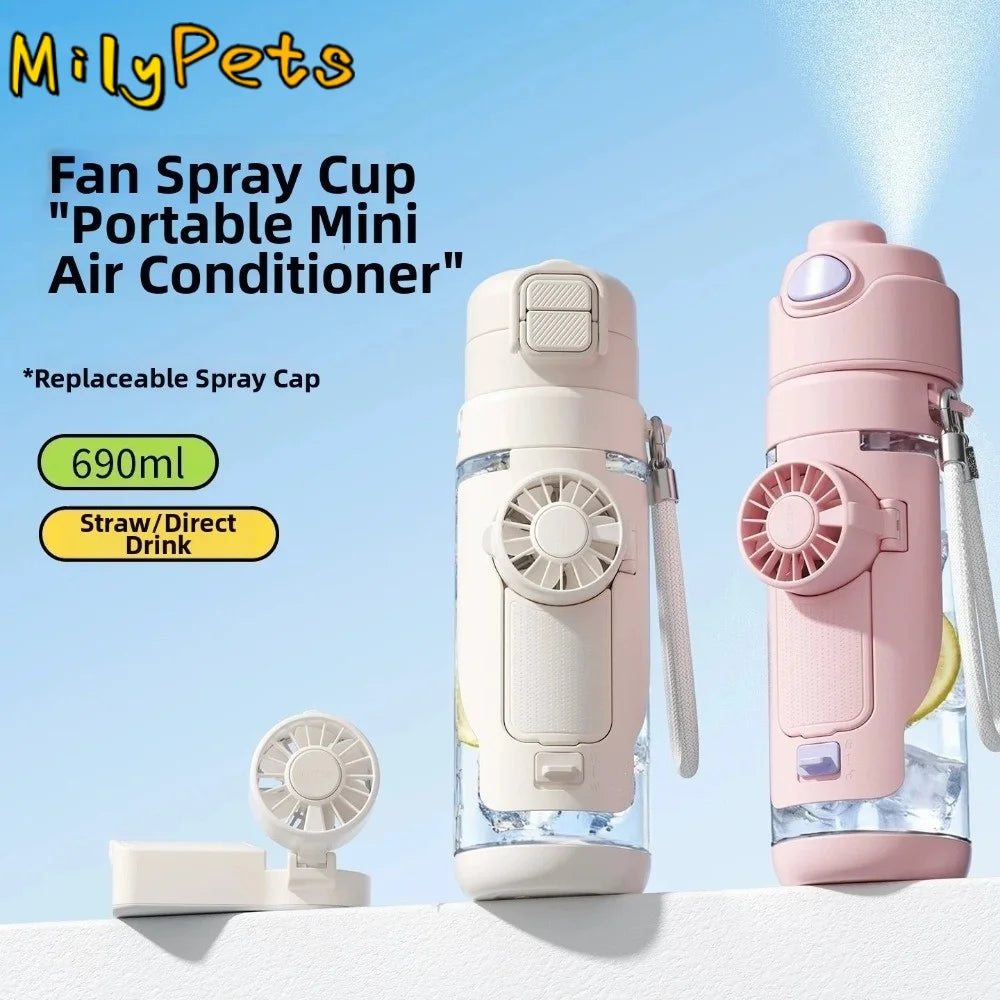 690 ML 2-in-1 Fan Cup Dual-Use 3-Speed Handheld Fan Hydration Spray Fan Cup Leak-proof USB Charging Cold Drink Water Cup Gym